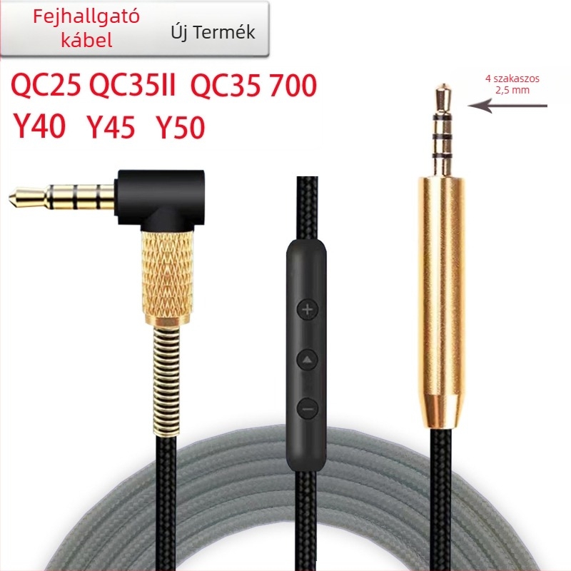 Bose QC35 fejhallgatóhoz való kábel, 2,5 mm-től 3,5 mm-ig, aranyozott csatlakozók, alumínium-ötvözet szál maggal
