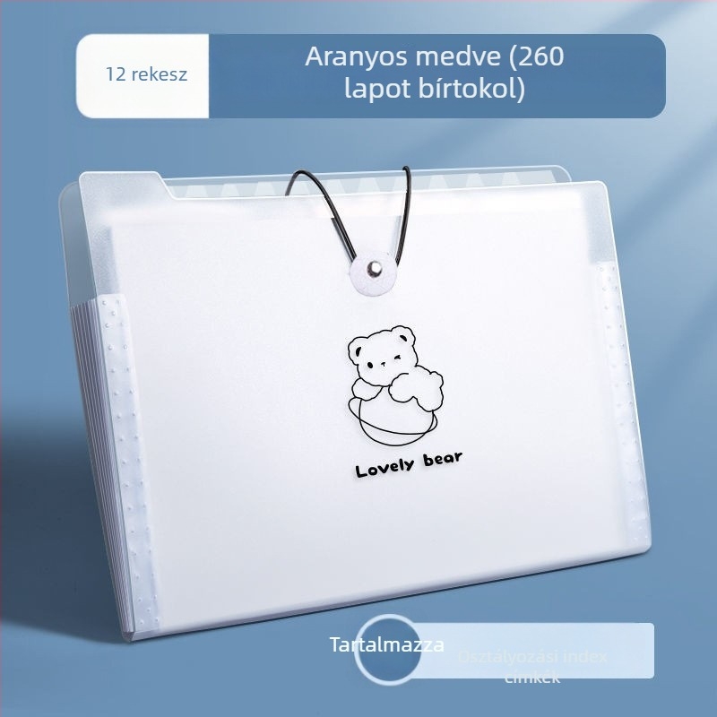 PP-anyagú A4-es mappa, többszintű akordeon rekeszekkel, 8/12 rekesz, 45C vastagság, logónyomtatás, testreszabás elérhető