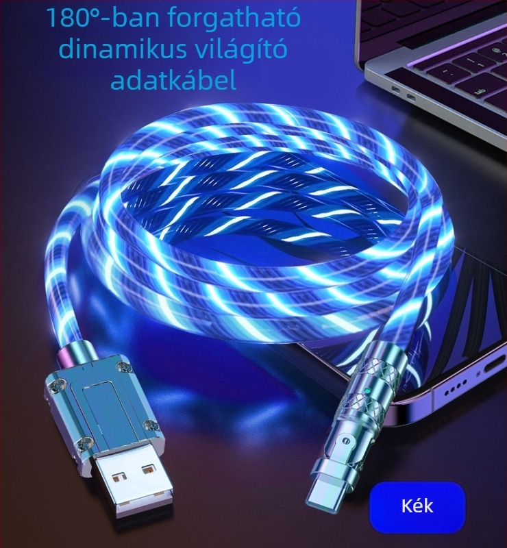 Új 180°-os hajlított USB töltőkábel fényhatással Android és Huawei telefonokhoz