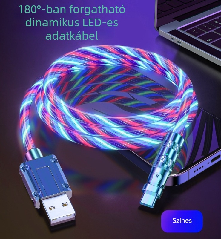 Új 180°-os hajlított USB töltőkábel fényhatással Android és Huawei telefonokhoz