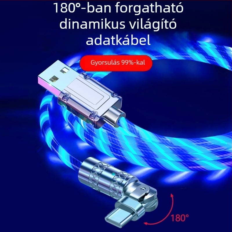 Új 180°-os hajlított USB töltőkábel fényhatással Android és Huawei telefonokhoz