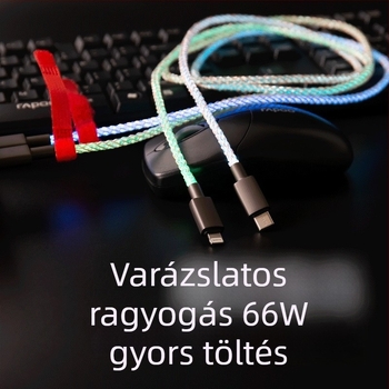 Magic Rope USB adatkábel RGB LED-del, gyors töltés, többcsatlakozós (Lightning, Micro USB, Type-C), anyag: rost + PU