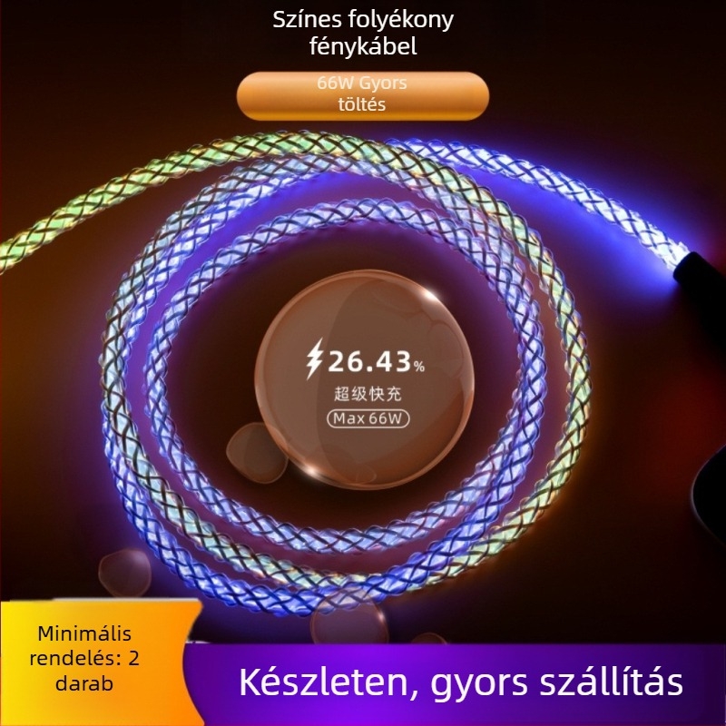 Magic Rope USB adatkábel RGB LED-del, gyors töltés, többcsatlakozós (Lightning, Micro USB, Type-C), anyag: rost + PU