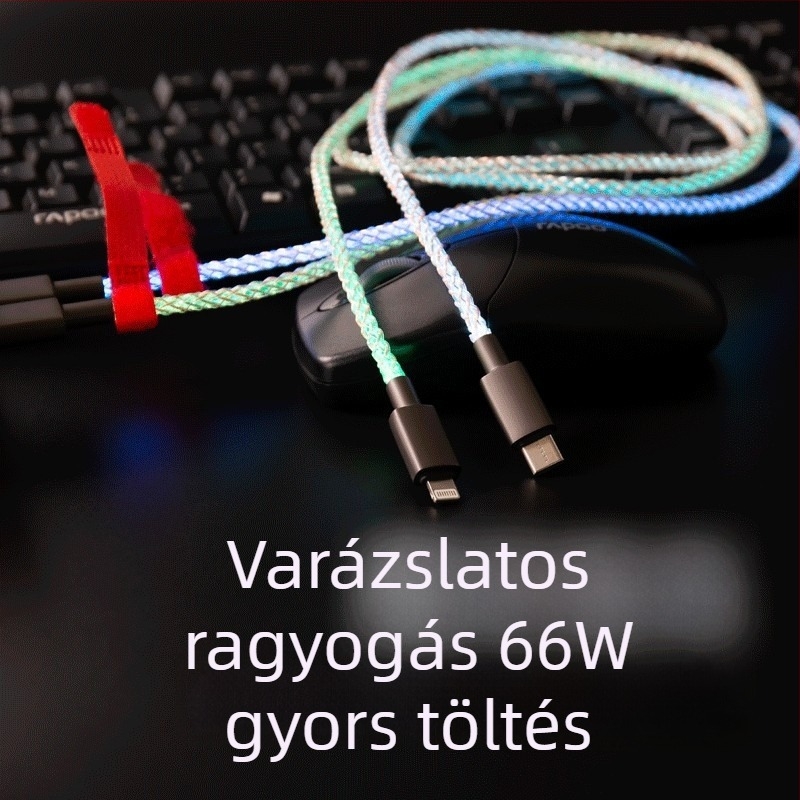 Magic Rope USB adatkábel RGB LED-del, gyors töltés, többcsatlakozós (Lightning, Micro USB, Type-C), anyag: rost + PU