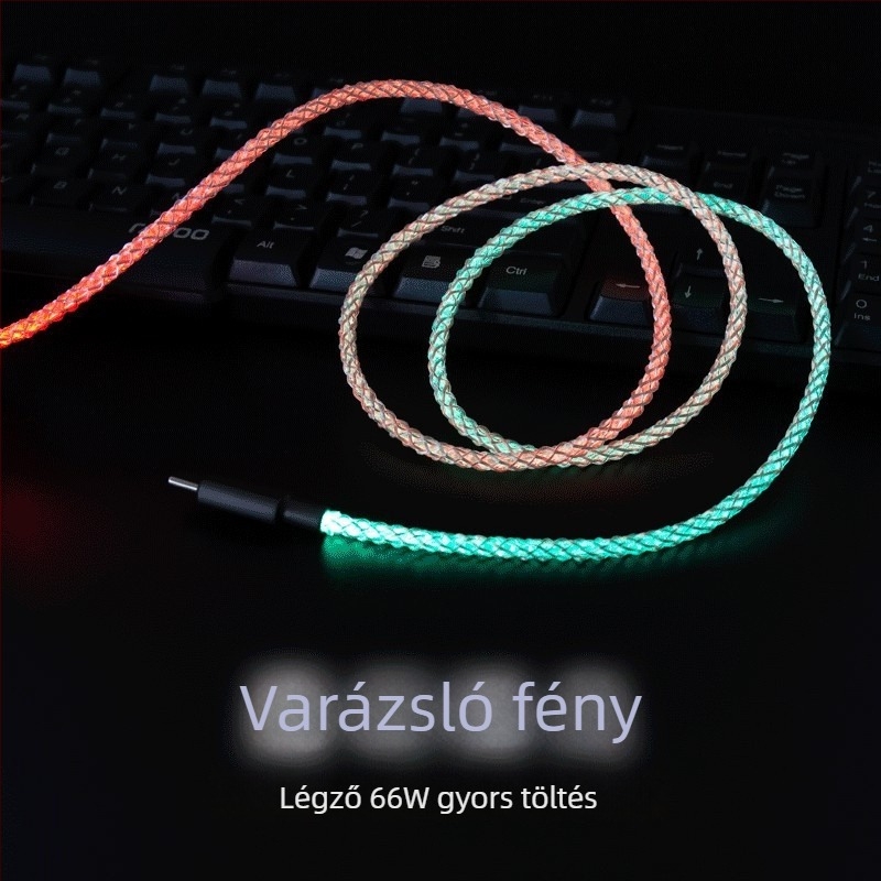 Magic Rope USB adatkábel RGB LED-del, gyors töltés, többcsatlakozós (Lightning, Micro USB, Type-C), anyag: rost + PU