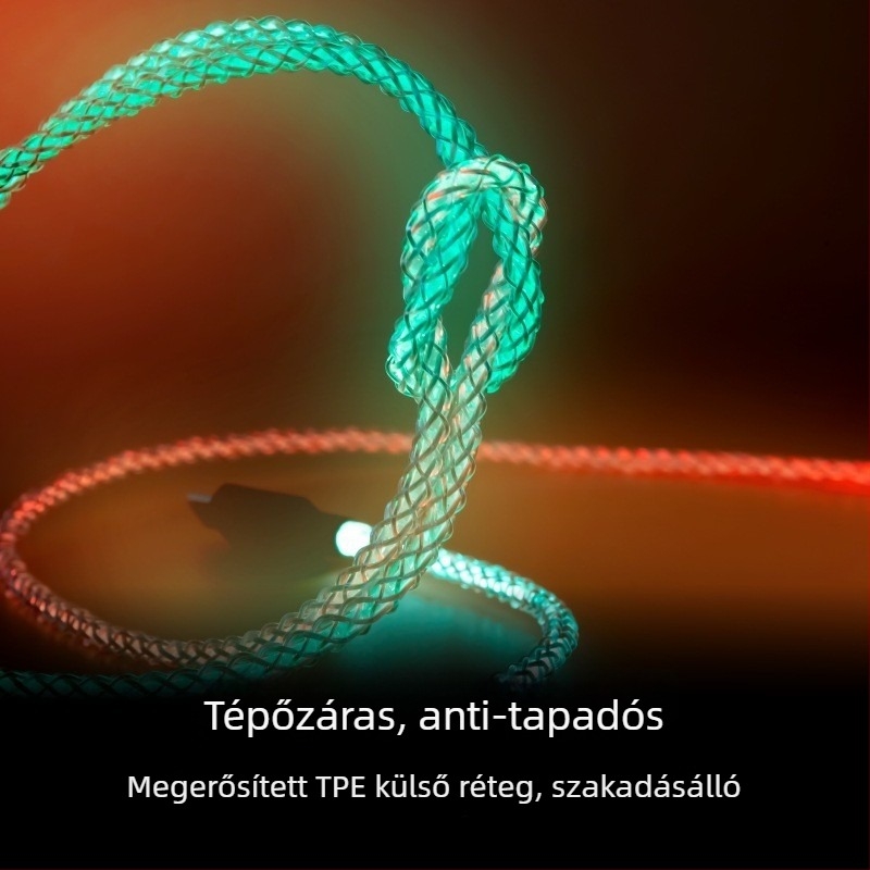 Magic Rope USB adatkábel RGB LED-del, gyors töltés, többcsatlakozós (Lightning, Micro USB, Type-C), anyag: rost + PU