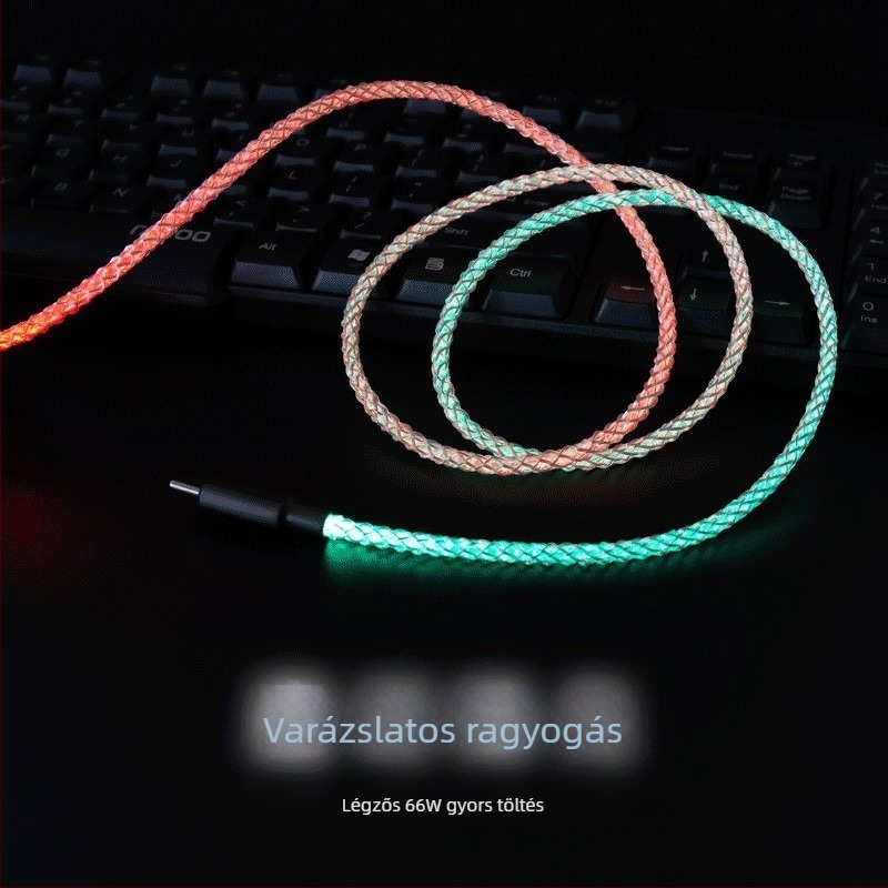 Magic Rope USB adatkábel RGB LED-del, gyors töltés, többcsatlakozós (Lightning, Micro USB, Type-C), anyag: rost + PU