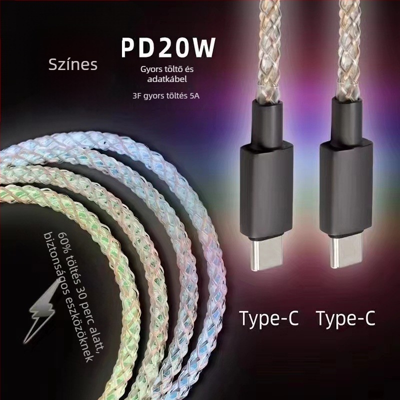 Magic Rope USB adatkábel RGB LED-del, gyors töltés, többcsatlakozós (Lightning, Micro USB, Type-C), anyag: rost + PU