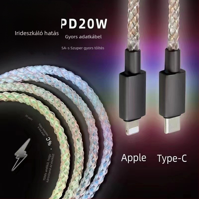 Magic Rope USB adatkábel RGB LED-del, gyors töltés, többcsatlakozós (Lightning, Micro USB, Type-C), anyag: rost + PU