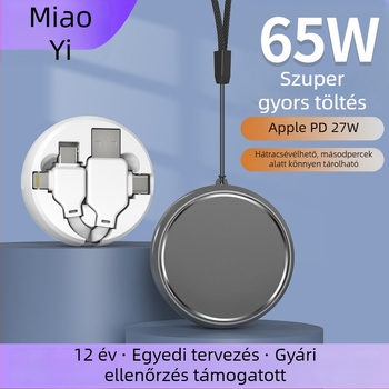 Applehoz 4 az 1-ben adatkábel — Lightning és USB-C, 65W gyors töltés, kihúzható, 1–4 kimenetek