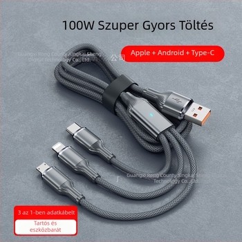 Három az egyben gyors-töltő kábel USB-C, Lightning és Micro USB, 100W, alumíniumötvözet