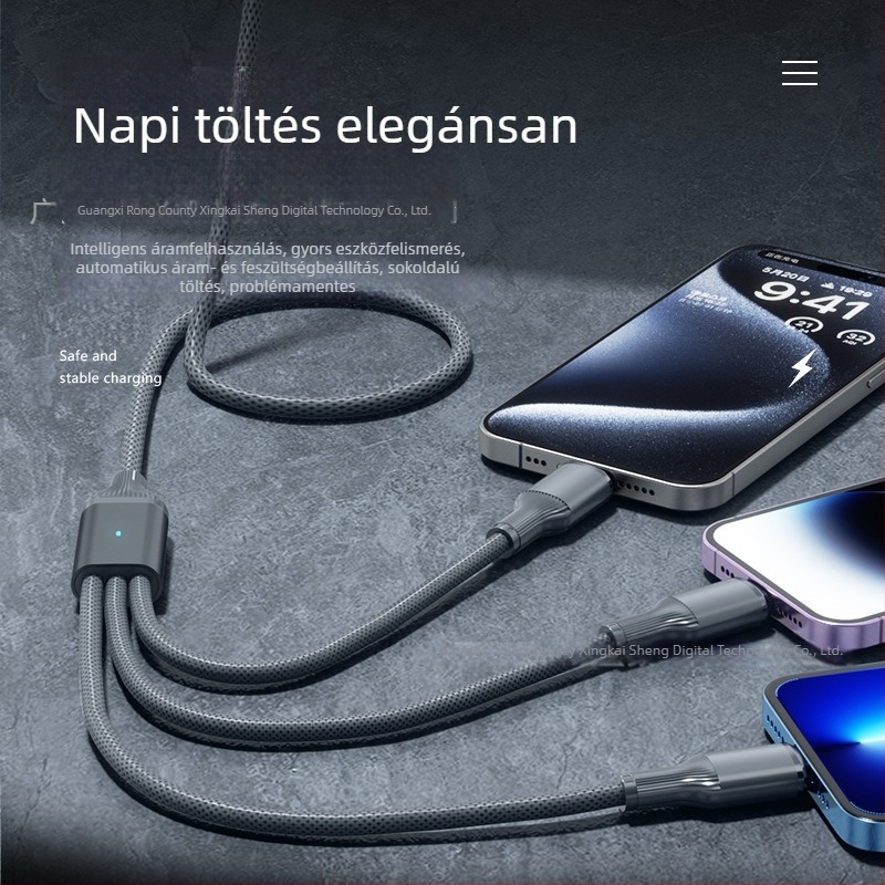 Három az egyben gyors-töltő kábel USB-C, Lightning és Micro USB, 100W, alumíniumötvözet