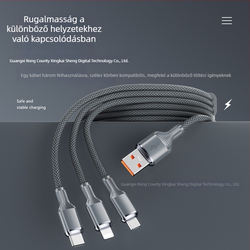 Három az egyben gyors-töltő kábel USB-C, Lightning és Micro USB, 100W, alumíniumötvözet