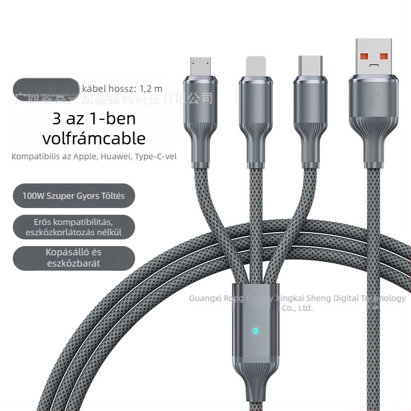 Három az egyben gyors-töltő kábel USB-C, Lightning és Micro USB, 100W, alumíniumötvözet