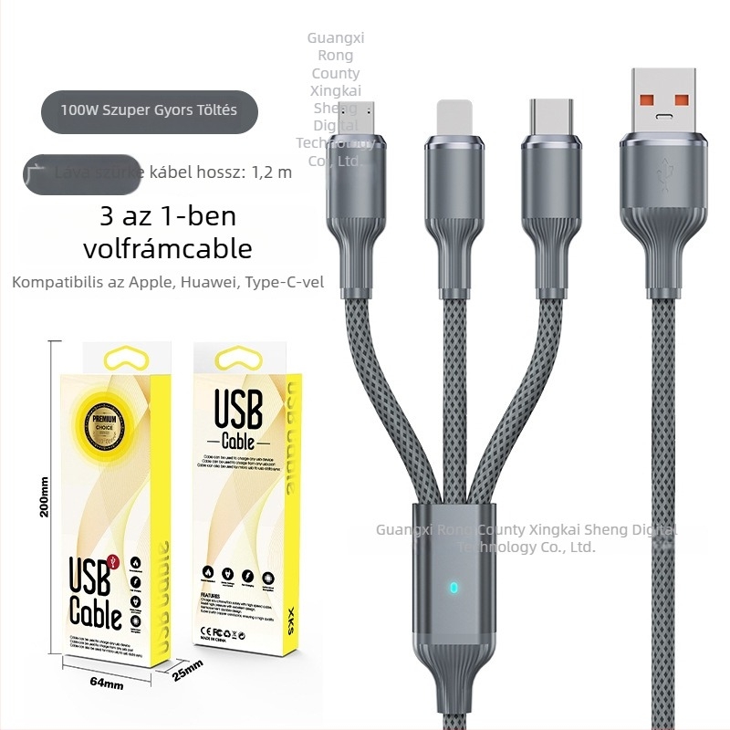 Három az egyben gyors-töltő kábel USB-C, Lightning és Micro USB, 100W, alumíniumötvözet