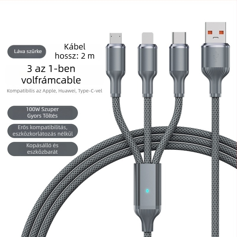 Három az egyben gyors-töltő kábel USB-C, Lightning és Micro USB, 100W, alumíniumötvözet
