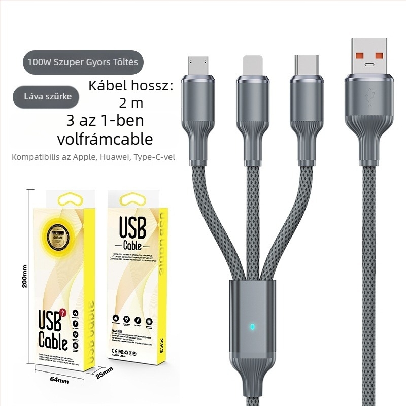 Három az egyben gyors-töltő kábel USB-C, Lightning és Micro USB, 100W, alumíniumötvözet
