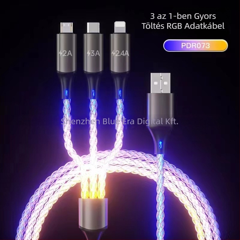 3-in-1 USB töltőkábel Lightning, Micro USB és Type-C csatlakozókkal, 66W, szőtt kivitel