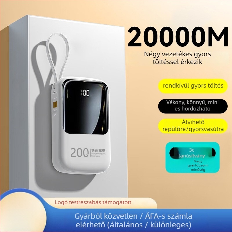 Beépített kábellel ellátott 20000mAh külső akkumulátor, QC2.0 gyors töltés, 22.5W kimenet