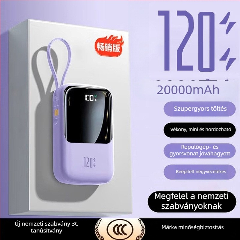 Beépített kábellel ellátott 20000mAh külső akkumulátor, QC2.0 gyors töltés, 22.5W kimenet