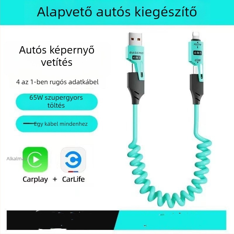 Glory 65W kihúzható, 4 az 1-ben töltőkábel Lightning és Type-C, szilikonból, két csatlakozó, PD gyorstöltés