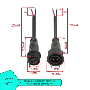 M16 vízálló 2-vezetékes dugaszkonnektor, férfi és női, PVC szigetelt tápkábel 2×0,75 mm²