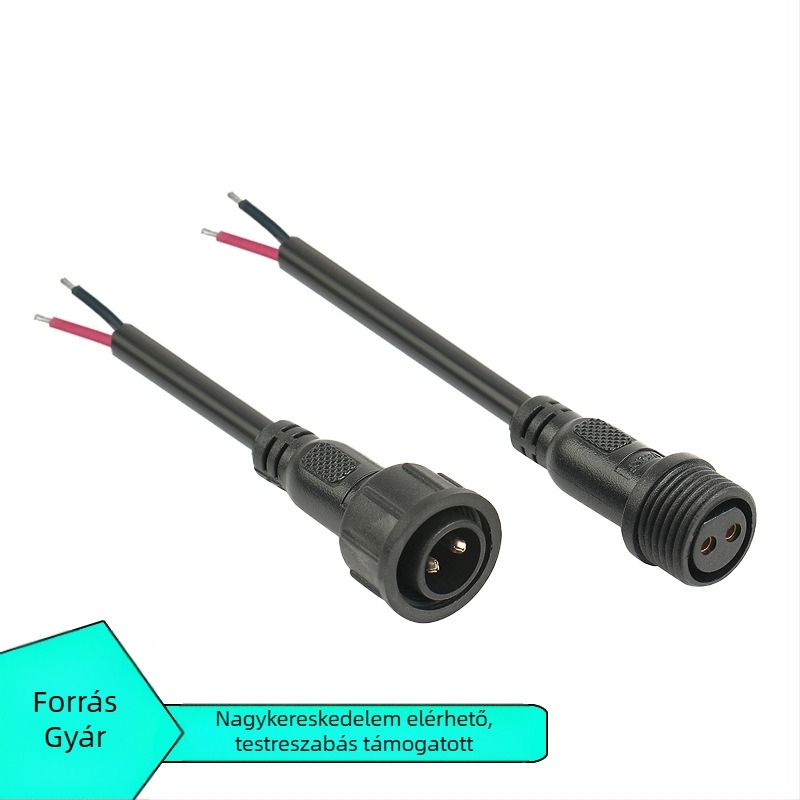 M16 vízálló 2-vezetékes dugaszkonnektor, férfi és női, PVC szigetelt tápkábel 2×0,75 mm²