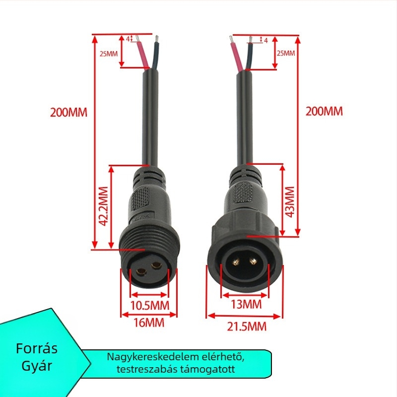 M16 vízálló 2-vezetékes dugaszkonnektor, férfi és női, PVC szigetelt tápkábel 2×0,75 mm²