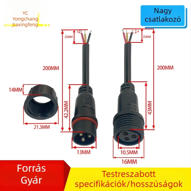 M16 vízálló 2-vezetékes dugaszkonnektor, férfi és női, PVC szigetelt tápkábel 2×0,75 mm²