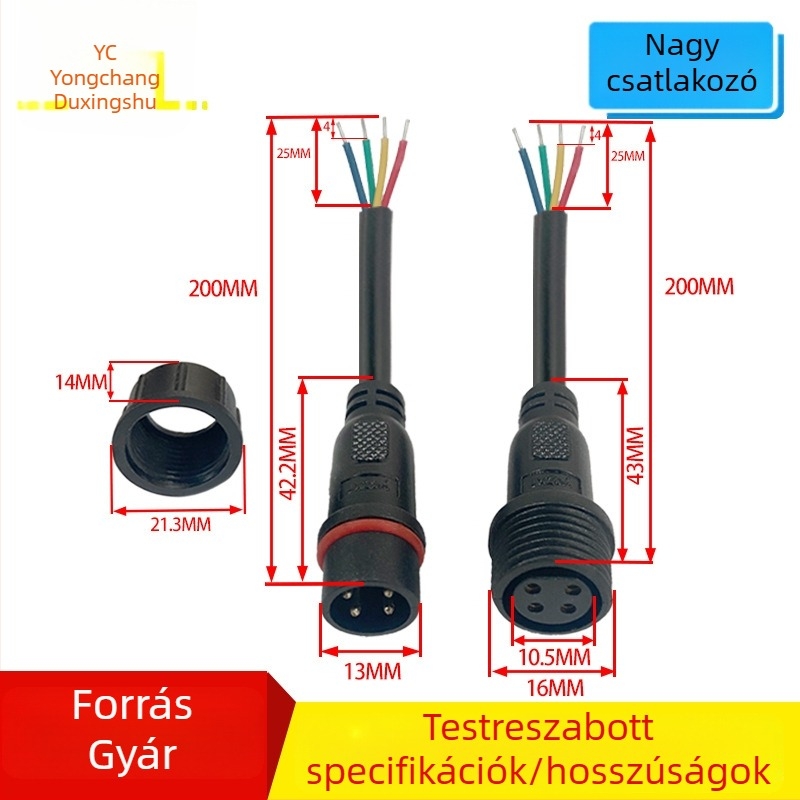 M16 vízálló 2-vezetékes dugaszkonnektor, férfi és női, PVC szigetelt tápkábel 2×0,75 mm²