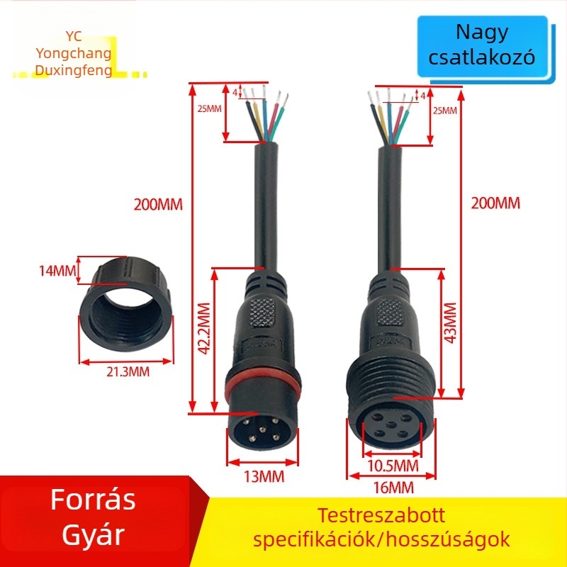 M16 vízálló 2-vezetékes dugaszkonnektor, férfi és női, PVC szigetelt tápkábel 2×0,75 mm²