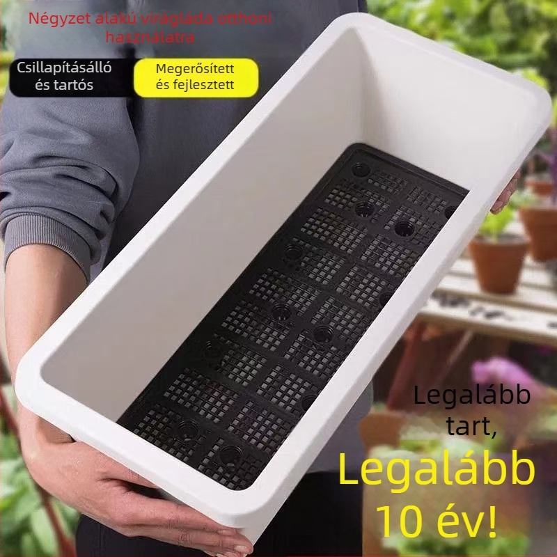 Gyanta anyagú téglalap alakú balkonkertészeti virágcserép zöldségekhez, állítható vízleadási rendszerrel