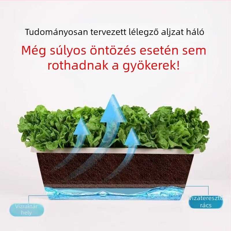 Gyanta anyagú téglalap alakú balkonkertészeti virágcserép zöldségekhez, állítható vízleadási rendszerrel