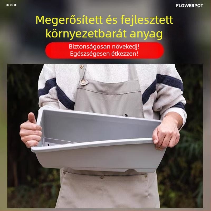 Gyanta anyagú téglalap alakú balkonkertészeti virágcserép zöldségekhez, állítható vízleadási rendszerrel