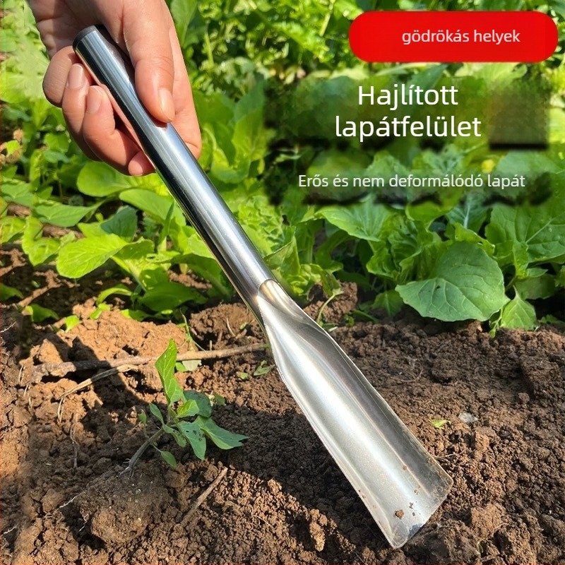 Egy darabból álló rozsdamentes acél ásó a kertészkedéshez — virágok és zöldségek ültetésére, vad növények ásására; otthoni használatra; testreszabható.