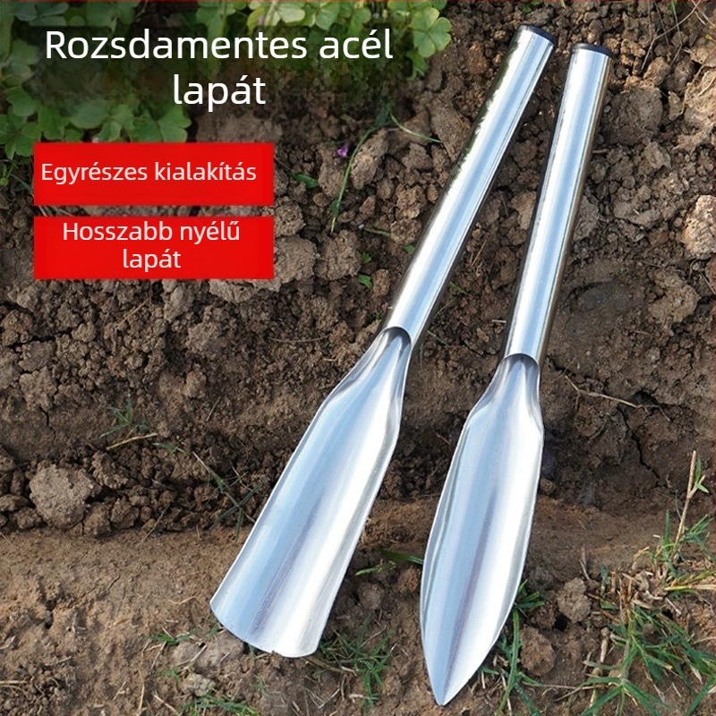 Egy darabból álló rozsdamentes acél ásó a kertészkedéshez — virágok és zöldségek ültetésére, vad növények ásására; otthoni használatra; testreszabható.