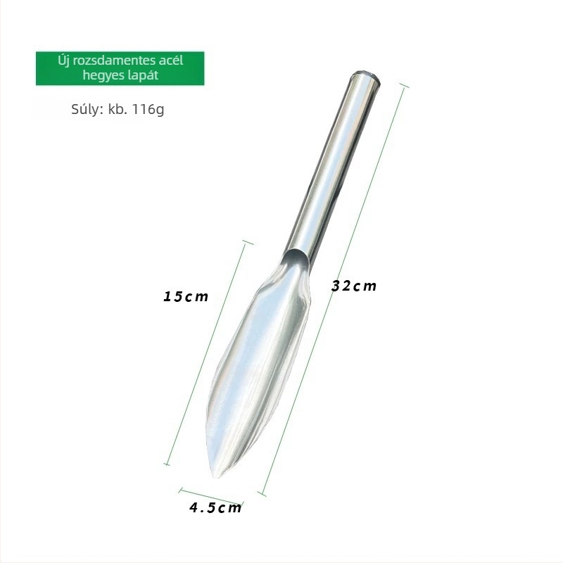 Egy darabból álló rozsdamentes acél ásó a kertészkedéshez — virágok és zöldségek ültetésére, vad növények ásására; otthoni használatra; testreszabható.