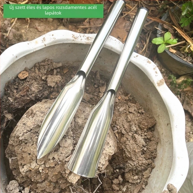 Egy darabból álló rozsdamentes acél ásó a kertészkedéshez — virágok és zöldségek ültetésére, vad növények ásására; otthoni használatra; testreszabható.