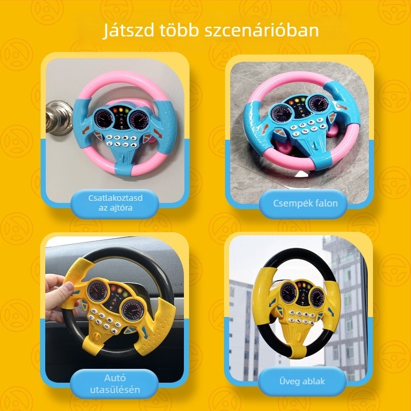 Nagy szívókorongos pilóta volán játék gyerekeknek: beltéri oktatás zenével; anyag: műanyag; tápegység: száraz elem; korosztály: 4–6 év; funkciók: zene, közös játék; memória nélküli.