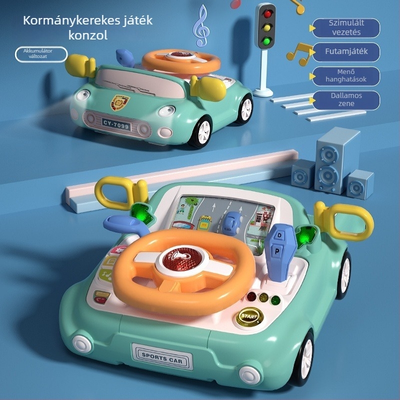 Gyerekeknek szánt vezetés-szimulációs kormányjáték, zene/hang funkcióval, elemes, műanyagból, 4–6 éveseknek.