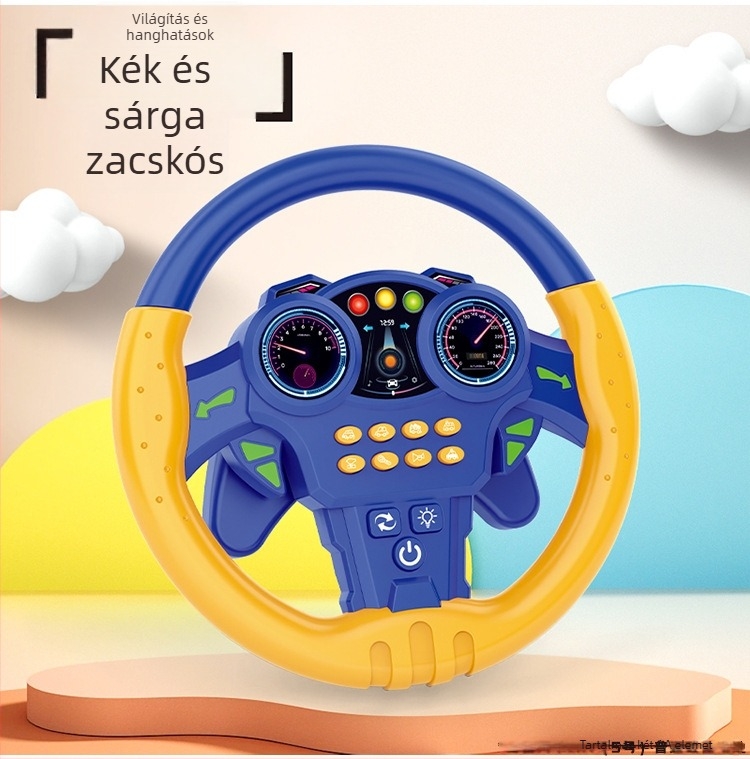 Nagy kormánykerék-játék gyerekeknek fényekkel és zenével, történet mód és társas vezető funkcióval, műanyagból, száraz elemről működik, 4–6 éveseknek.
