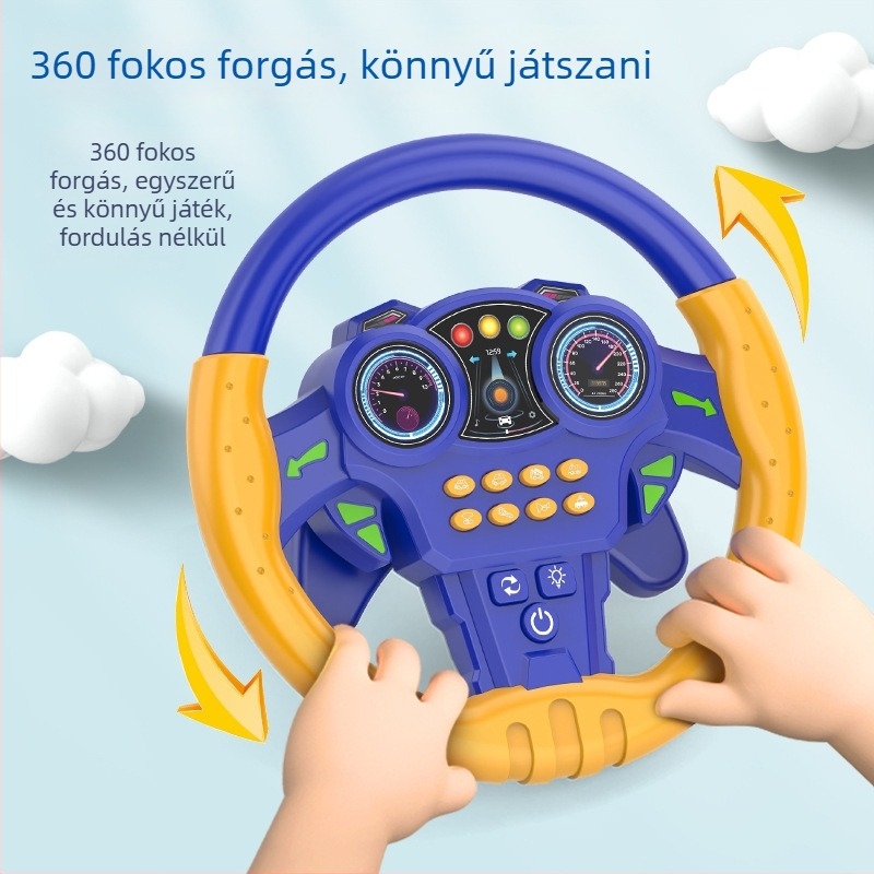 Nagy kormánykerék-játék gyerekeknek fényekkel és zenével, történet mód és társas vezető funkcióval, műanyagból, száraz elemről működik, 4–6 éveseknek.