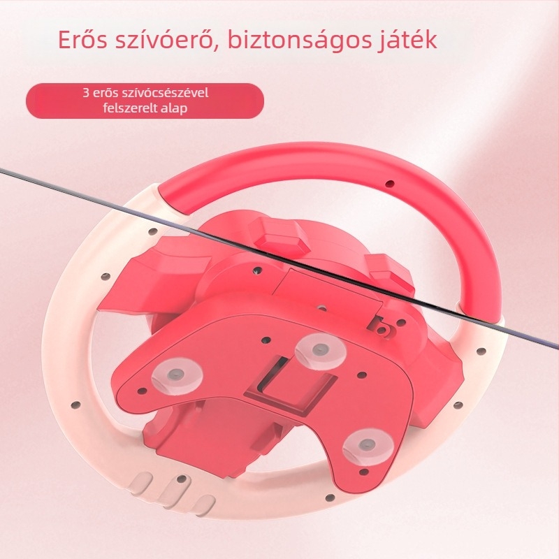 Nagy kormánykerék-játék gyerekeknek fényekkel és zenével, történet mód és társas vezető funkcióval, műanyagból, száraz elemről működik, 4–6 éveseknek.