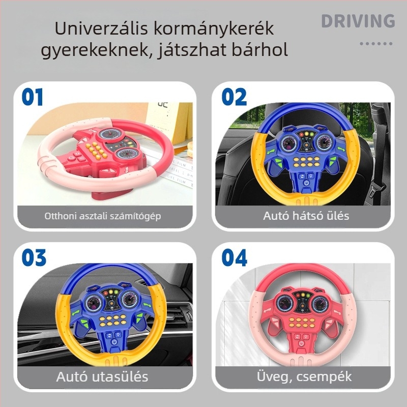 Nagy kormánykerék-játék gyerekeknek fényekkel és zenével, történet mód és társas vezető funkcióval, műanyagból, száraz elemről működik, 4–6 éveseknek.