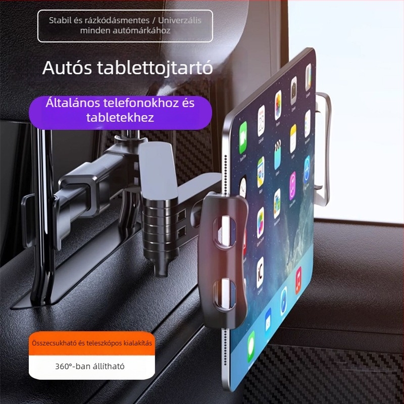 Yiyi autótabletta-tartó teleszkópos karral - univerzális hátsó fejtámlához, Snap-On rögzítés, 150 g