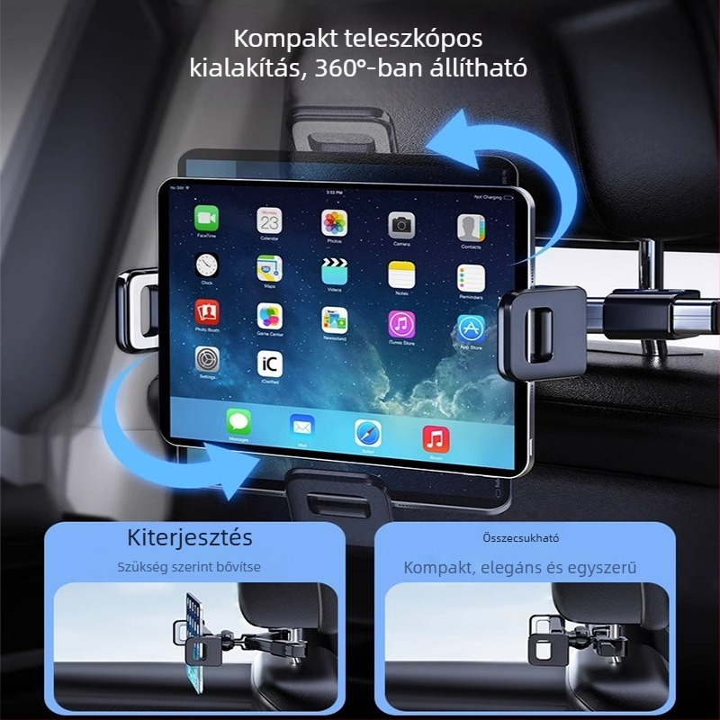 Yiyi autótabletta-tartó teleszkópos karral - univerzális hátsó fejtámlához, Snap-On rögzítés, 150 g