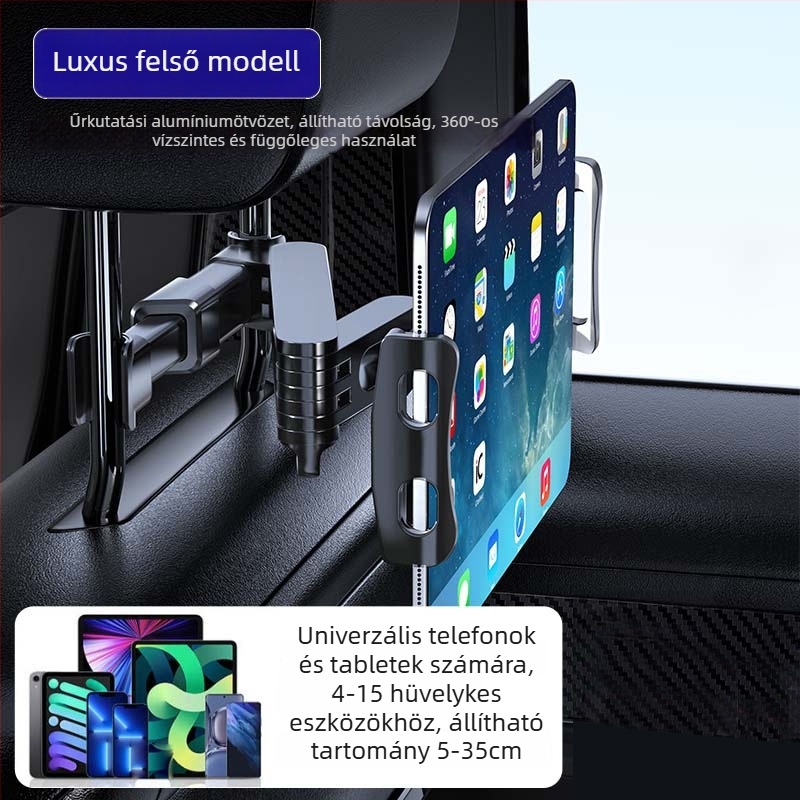 Yiyi autótabletta-tartó teleszkópos karral - univerzális hátsó fejtámlához, Snap-On rögzítés, 150 g