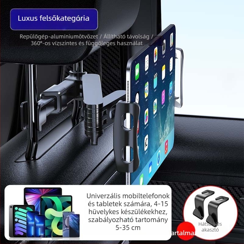 Yiyi autótabletta-tartó teleszkópos karral - univerzális hátsó fejtámlához, Snap-On rögzítés, 150 g