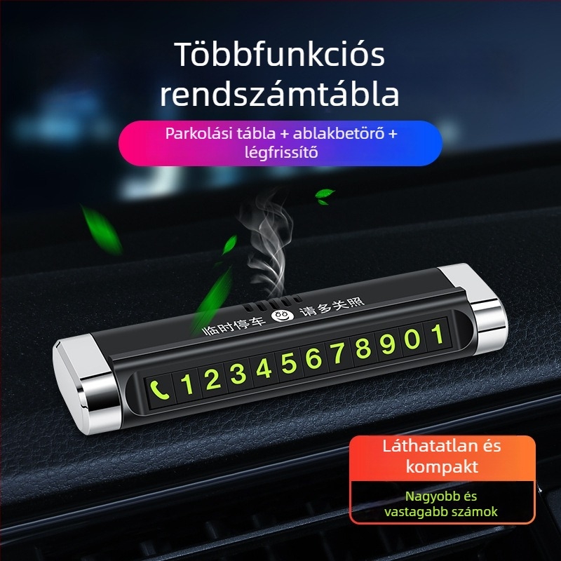 Autóparkolási jelző 3-in-1 multifunkcionális eszköz, ideiglenes rendszám, véskalapács és telefonkártya – műanyag, modell L-1, Guangzhou eredet