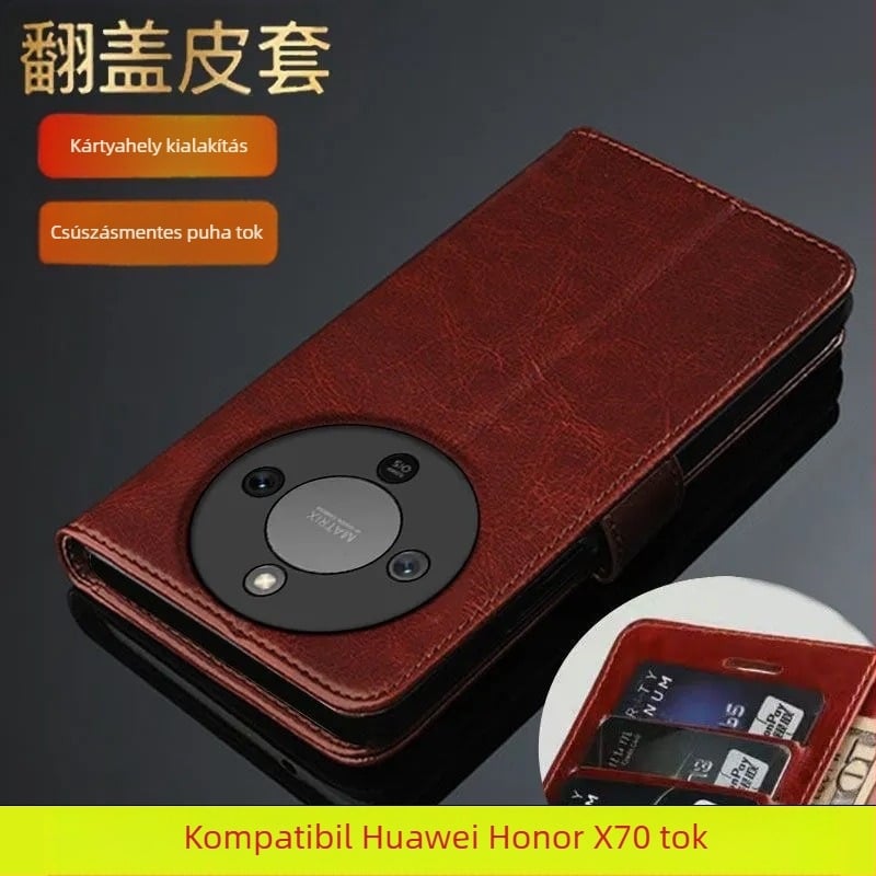 Huaweihoz való bőr flip tok - kézzel készült műbőr, személyre szabható, eredeti retro stílus, ütésálló mágneses zárás